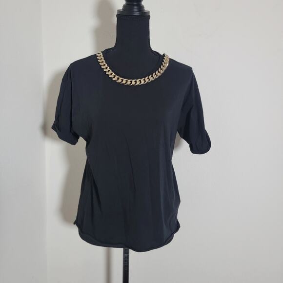 Sandro Black T-shirt Chain Detail Short Sleeve Capsule Wardrobe 100% Cotton Sz 1 - Picture 10 of 11
